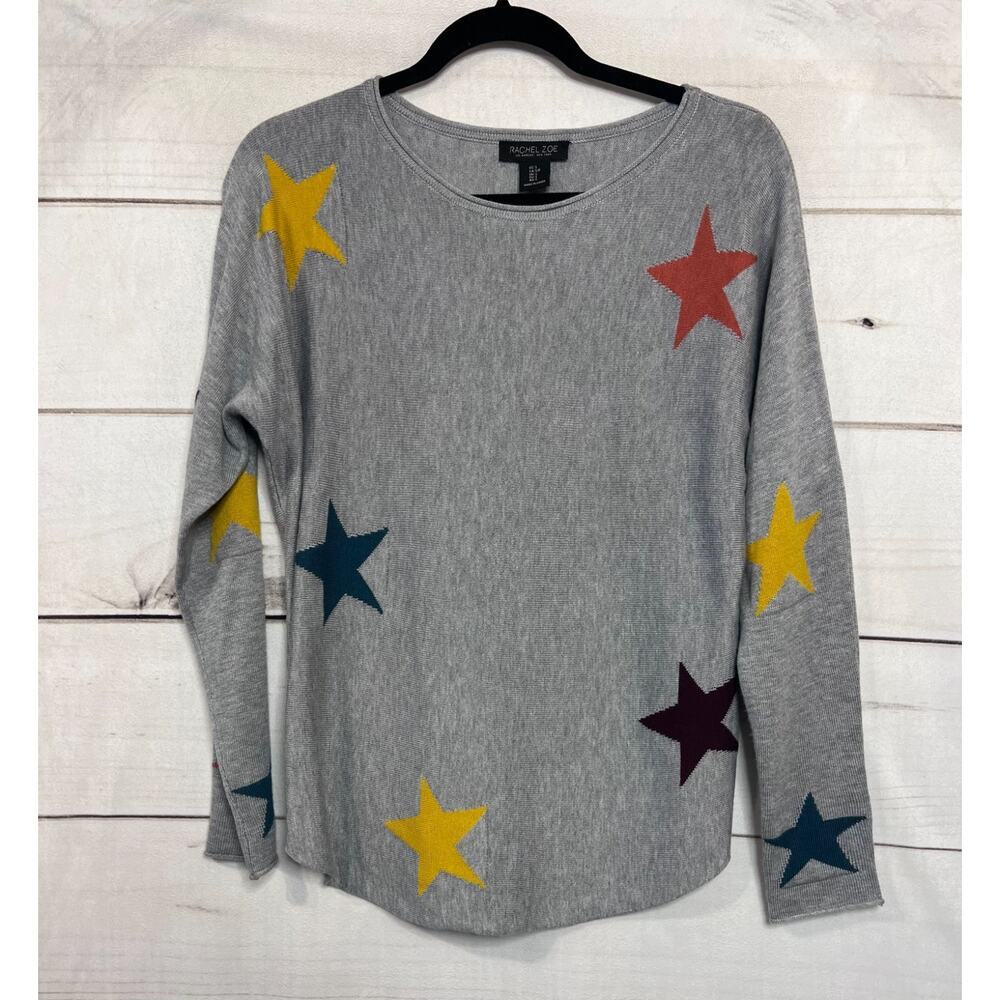 Rachel Zoe Gray Sweater with multicolored stars. Size SM 5%‎ cashmere Super Soft